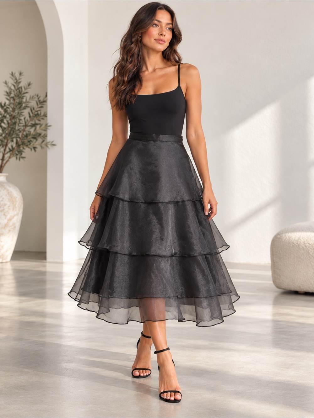 H&M Black Tiered Organza Midi Skirt – Size 12